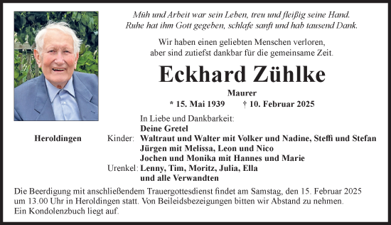 Traueranzeige von Eckhard Zühlke von Rieser Nachrichten