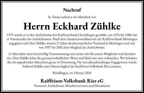 Traueranzeige von Eckhard Zühlke von Rieser Nachrichten