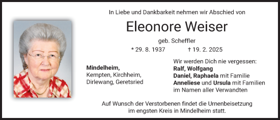 Traueranzeige von Eleonore Weiser von Mindelheimer Zeitung