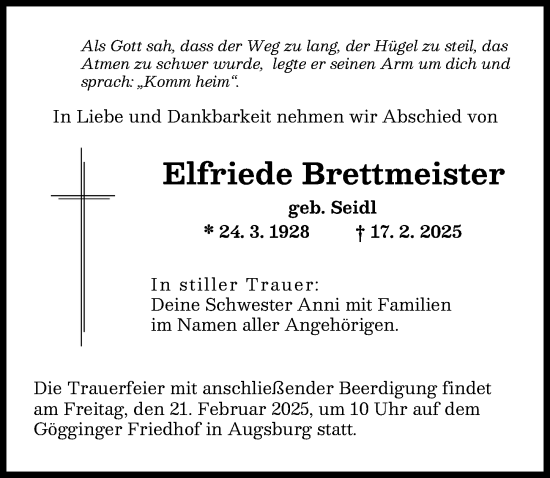 Traueranzeige von Elfriede Brettmeister von Augsburger Allgemeine