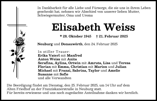 Traueranzeige von Elisabeth Weiss von Neuburger Rundschau