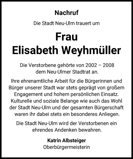 Traueranzeige von Elisabeth Weyhmüller von Neu-Ulmer Zeitung
