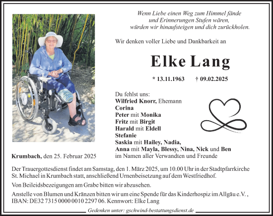 Traueranzeige von Elke Lang von Mittelschwäbische Nachrichten