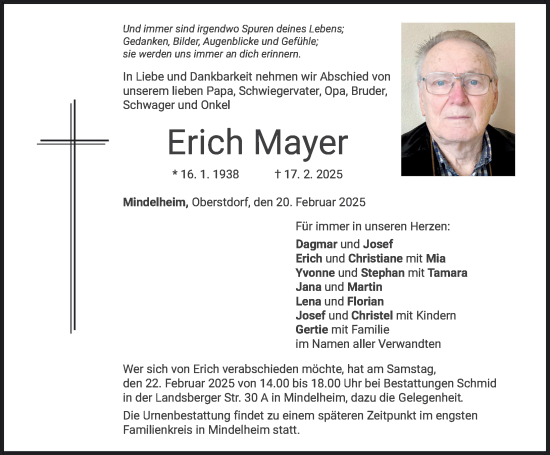 Traueranzeige von Erich Mayer von Mindelheimer Zeitung