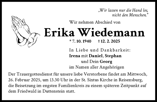 Traueranzeige von Erika Wiedemann von Günzburger Zeitung