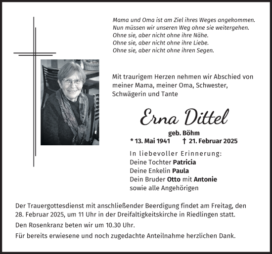 Traueranzeige von Erna Dittel von Donauwörther Zeitung