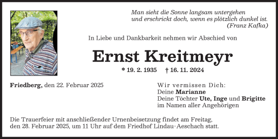 Traueranzeige von Ernst Kreitmeyr von Friedberger Allgemeine