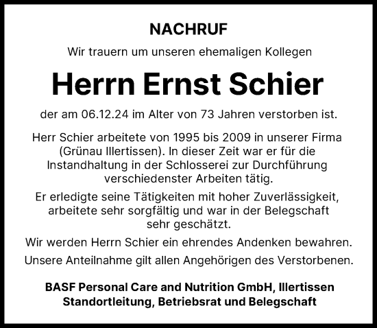 Traueranzeige von Ernst Schier von Illertisser Zeitung