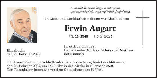 Traueranzeige von Erwin Augart von Donau Zeitung