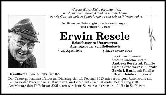 Traueranzeige von Erwin Resele von Friedberger Allgemeine