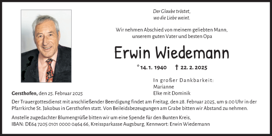 Traueranzeige von Erwin Wiedemann von Augsburger Allgemeine