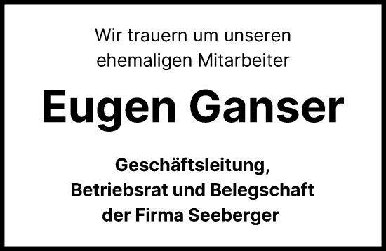 Traueranzeige von Eugen Ganser von Neu-Ulmer Zeitung