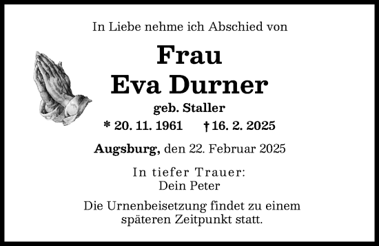 Traueranzeige von Eva Durner von Augsburger Allgemeine