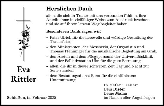 Traueranzeige von Eva Rittler von Neu-Ulmer Zeitung