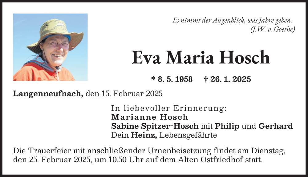  Traueranzeige für Eva Maria Hosch vom 15.02.2025 aus Augsburger Allgemeine