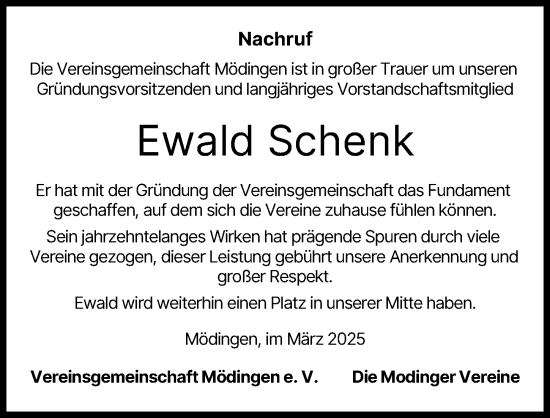 Traueranzeige von Ewald Schenk von Donau Zeitung