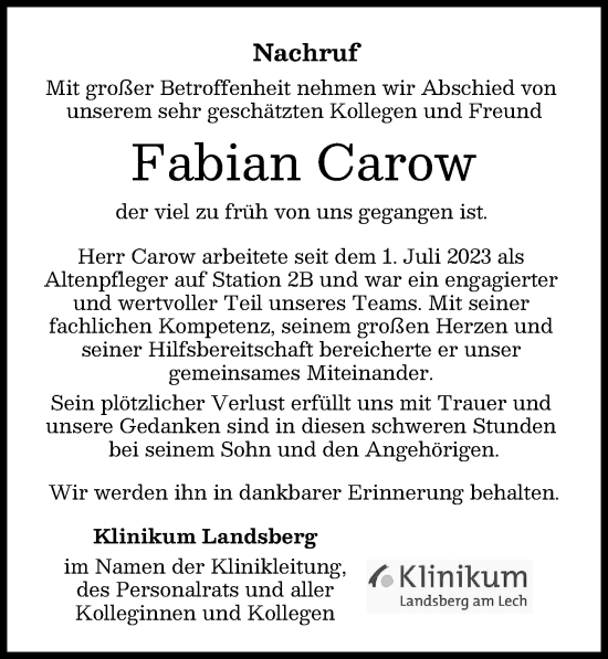 Traueranzeige von Fabian Carow von Landsberger Tagblatt