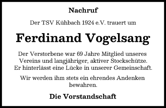 Traueranzeige von Ferdinand Vogelsang von Aichacher Nachrichten