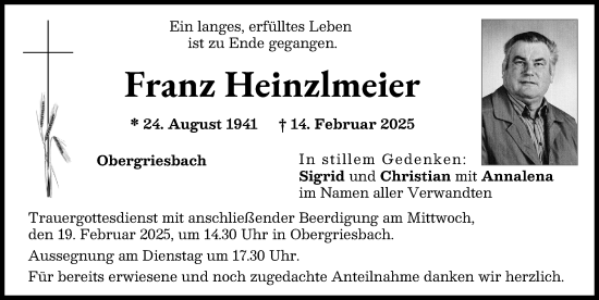 Traueranzeige von Franz Heinzlmeier von Aichacher Nachrichten