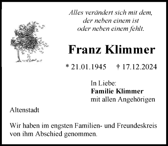 Traueranzeige von Franz Klimmer von Illertisser Zeitung