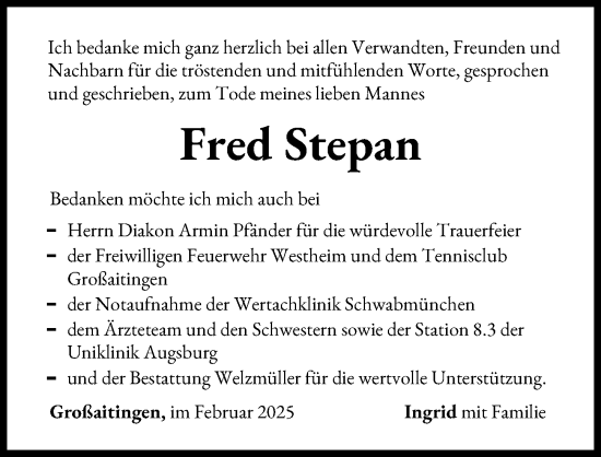 Traueranzeige von Fred Stepan von Schwabmünchner Allgemeine, Augsburger Allgemeine