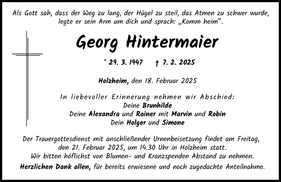 Traueranzeige von Georg Hintermaier von Donau Zeitung