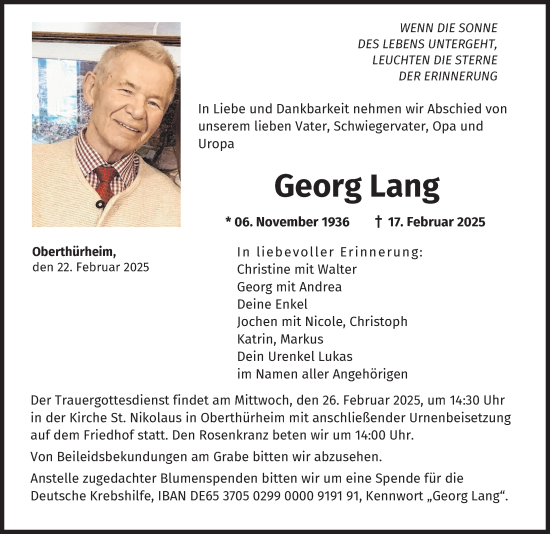 Traueranzeige von Georg Lang von Wertinger Zeitung