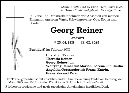 Traueranzeige von Georg Reiner von Donauwörther Zeitung
