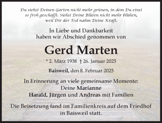 Traueranzeige von Gerd Marten von Mindelheimer Zeitung