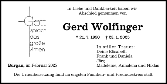 Traueranzeige von Gerd Wolfinger von Günzburger Zeitung