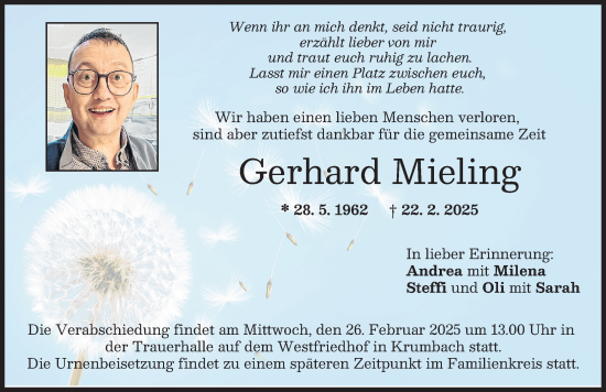 Traueranzeige von Gerhard Mieling von Mittelschwäbische Nachrichten