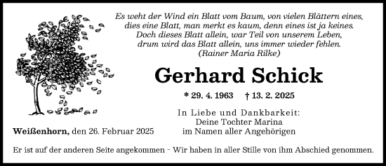 Traueranzeige von Gerhard Schick von Neu-Ulmer Zeitung