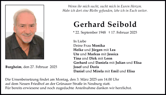 Traueranzeige von Gerhard Seibold von Neuburger Rundschau