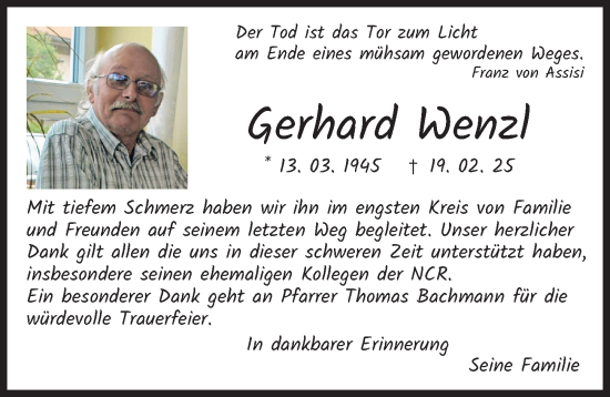 Traueranzeige von Gerhard Wenzl von Augsburger Allgemeine