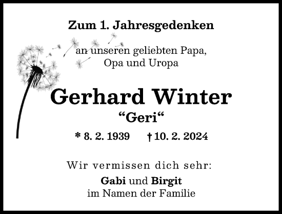 Traueranzeige von Gerhard Winter von Schwabmünchner Allgemeine