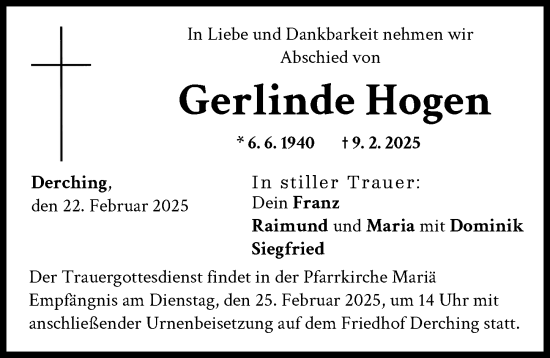 Traueranzeige von Gerlinde Hogen von Friedberger Allgemeine