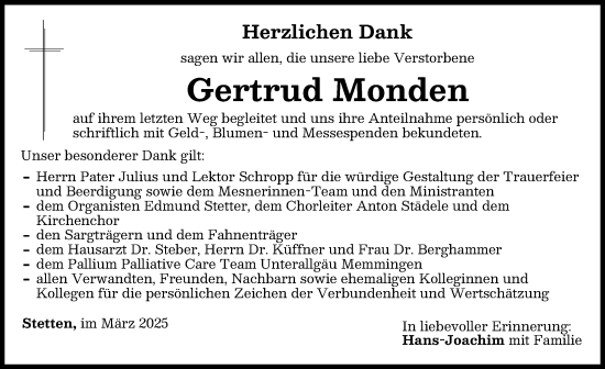 Traueranzeige von Gertrud Monden von Mindelheimer Zeitung