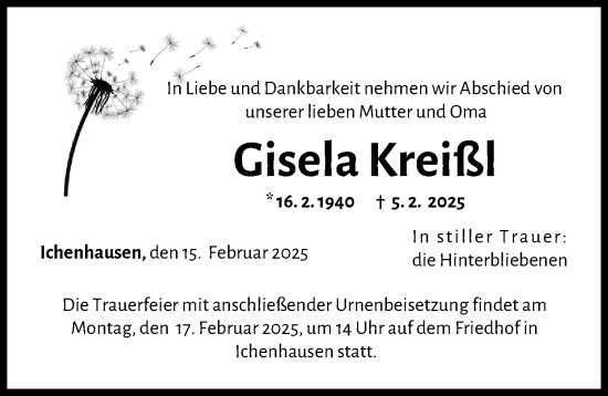 Traueranzeige von Gisela Kreißl von Günzburger Zeitung