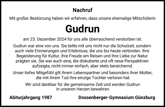 Traueranzeige von Gudrun  von Günzburger Zeitung