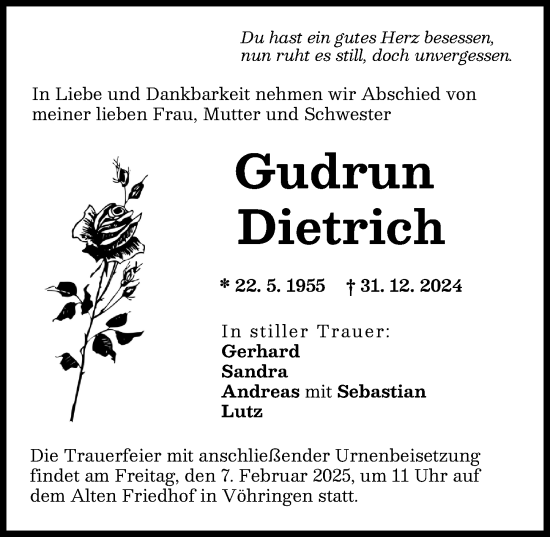 Traueranzeige von Gudrun Dietrich von Illertisser Zeitung