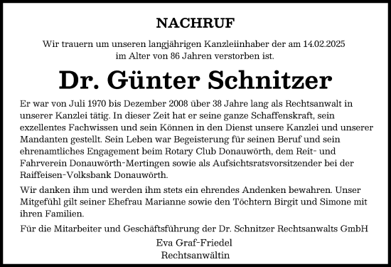 Traueranzeige von Günter Schnitzer von Donauwörther Zeitung