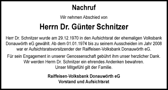 Traueranzeige von Günter Schnitzer von Neuburger Rundschau, Donauwörther Zeitung