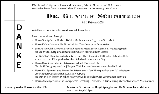 Traueranzeige von Günter Schnitzer von Donauwörther Zeitung, Neuburger Rundschau