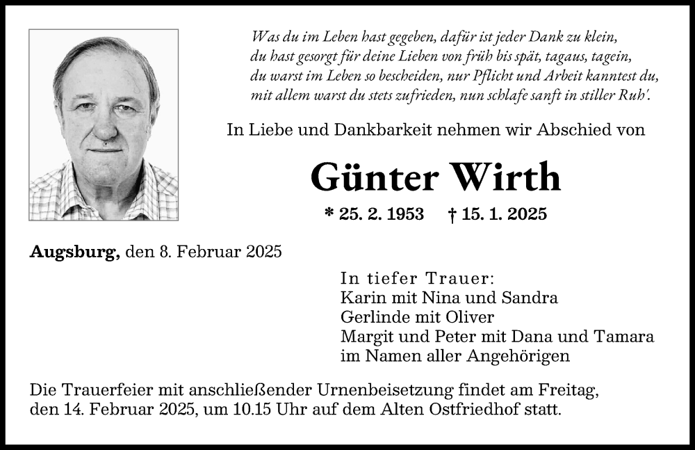  Traueranzeige für Günter Wirth vom 08.02.2025 aus Augsburger Allgemeine
