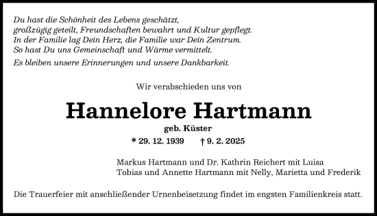 Traueranzeige von Hannelore Hartmann von Augsburger Allgemeine
