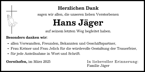Traueranzeige von Hans Jäger von Augsburger Allgemeine