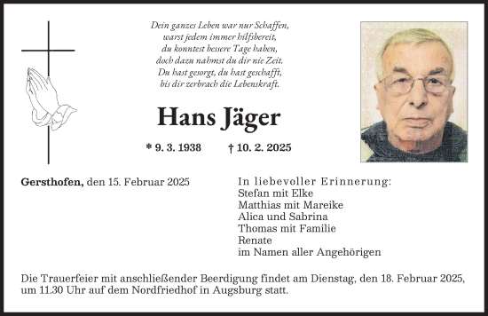 Traueranzeige von Hans Jäger von Augsburger Allgemeine