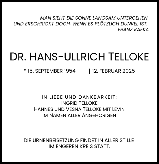 Traueranzeige von Hans-Ullrich Telloke von Aichacher Nachrichten