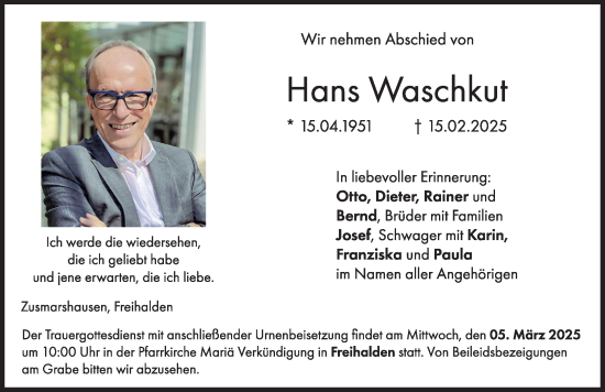 Traueranzeige von Hans Waschkut von Augsburger Allgemeine, Günzburger Zeitung