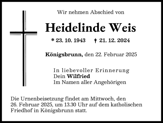 Traueranzeige von Heidelinde Weis von Schwabmünchner Allgemeine